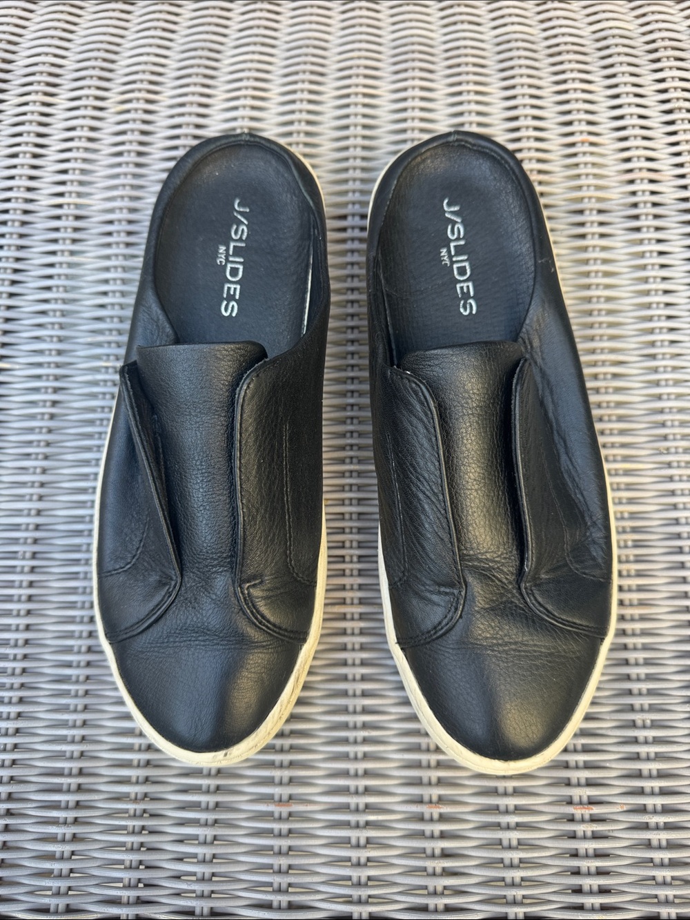 J/SLIDES Black Leather Slip-On Loafers with White Sole